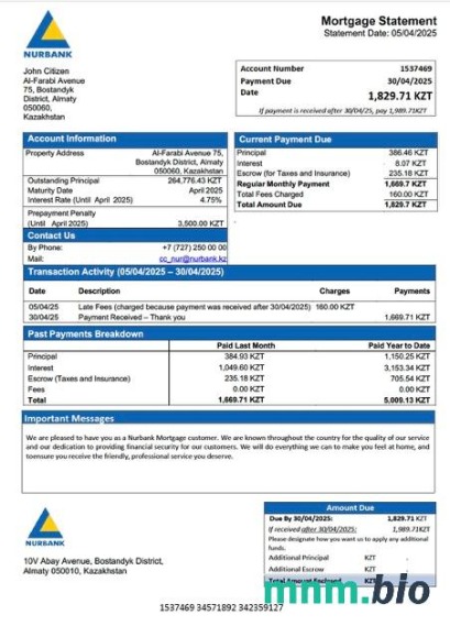 Kazachstan Bank Nurbank wyciąg z kredytu hipotecznego szablon Word i PDF